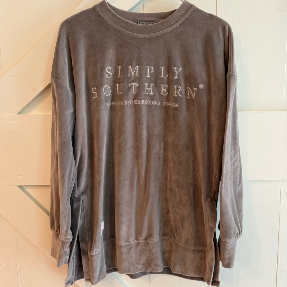 Simply Southern Velour Charcoal Side Slit Crewneck Sweatshirt Size Small Cozy